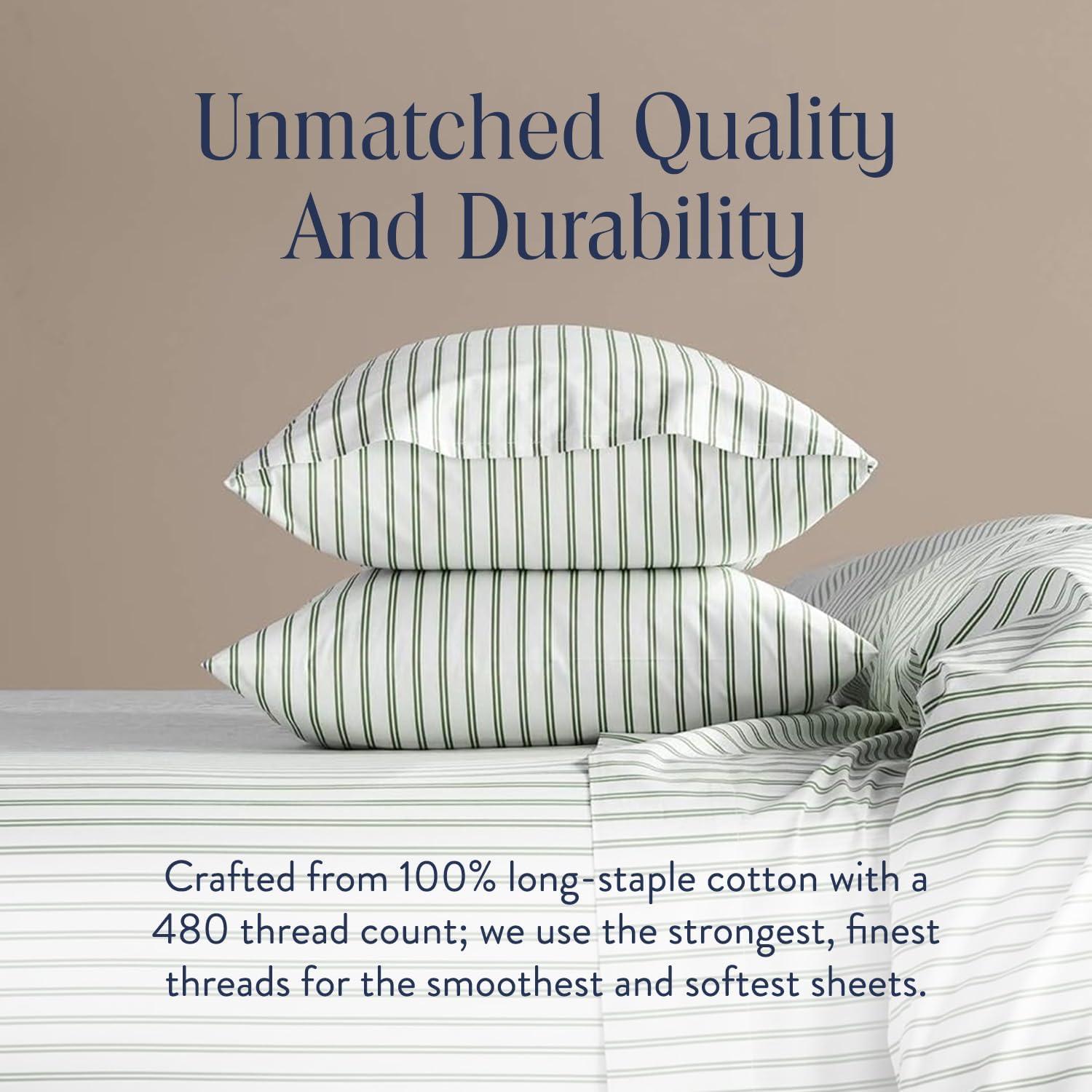 imageBrooklinen Luxury Sateen Duvet Cover 100 Cotton KingCalifornia King Size in White with ExtraLong Corner Ties and Button Closure Best KingCali King Duvet CoversGreen Tandem Stripe