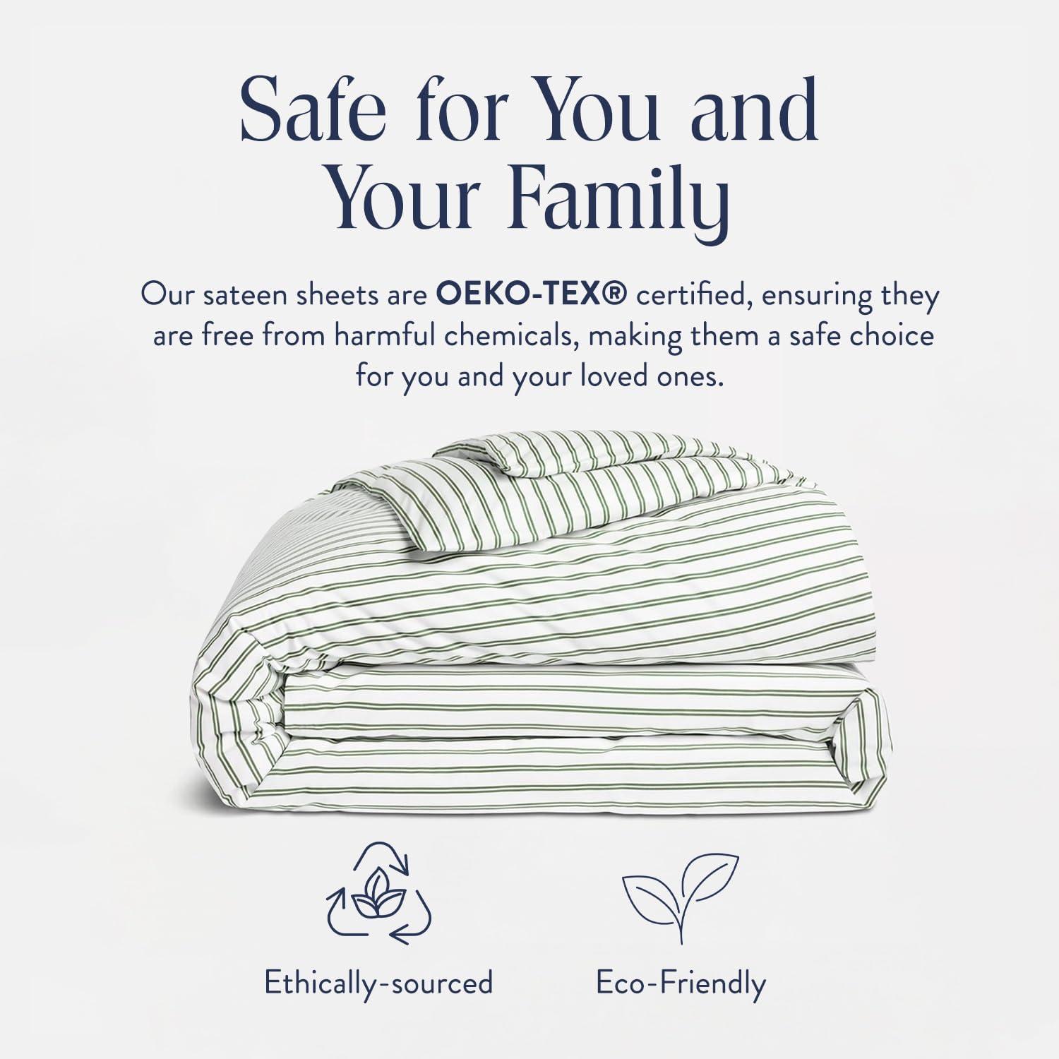 imageBrooklinen Luxury Sateen Duvet Cover 100 Cotton KingCalifornia King Size in White with ExtraLong Corner Ties and Button Closure Best KingCali King Duvet CoversGreen Tandem Stripe