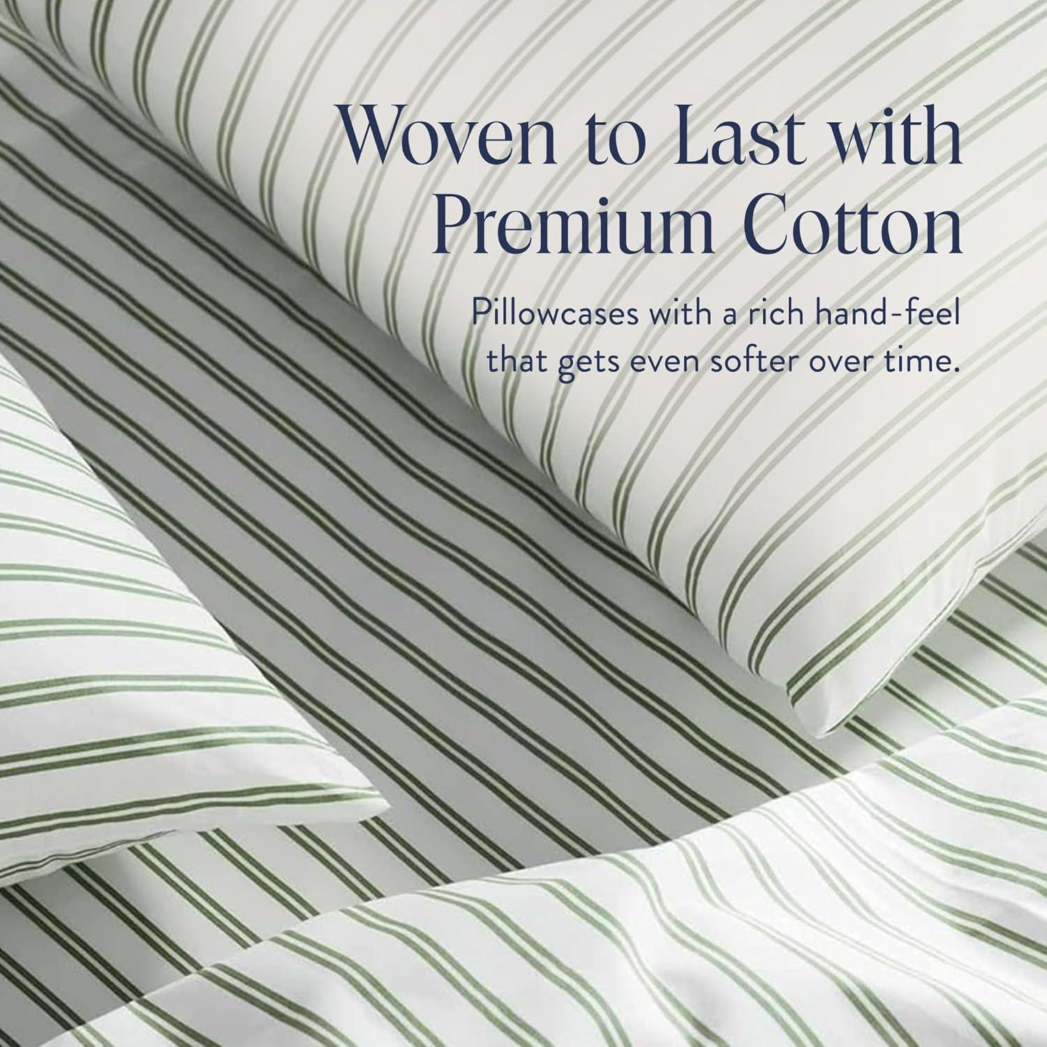 imageBrooklinen Luxury Sateen Pillowcases Set of 2 100 Long Staple Cotton with Envelope Closure Smooth Fabric Soft ampamp Durable Machine Washable Standard Size CreamGreen Tandem Stripe