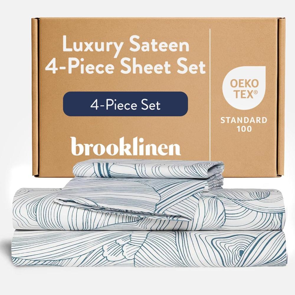 imageBrooklinen Luxury Sateen 4 Piece Sheet Set 100 Cotton Bed Sheets Soft ampamp Durable Queen Size Sheets Set in Cream OekoTEX Certified Bedding Set 1 Fitted Sheet 1 Flat Sheet 2 PillowcasesOyster Blue