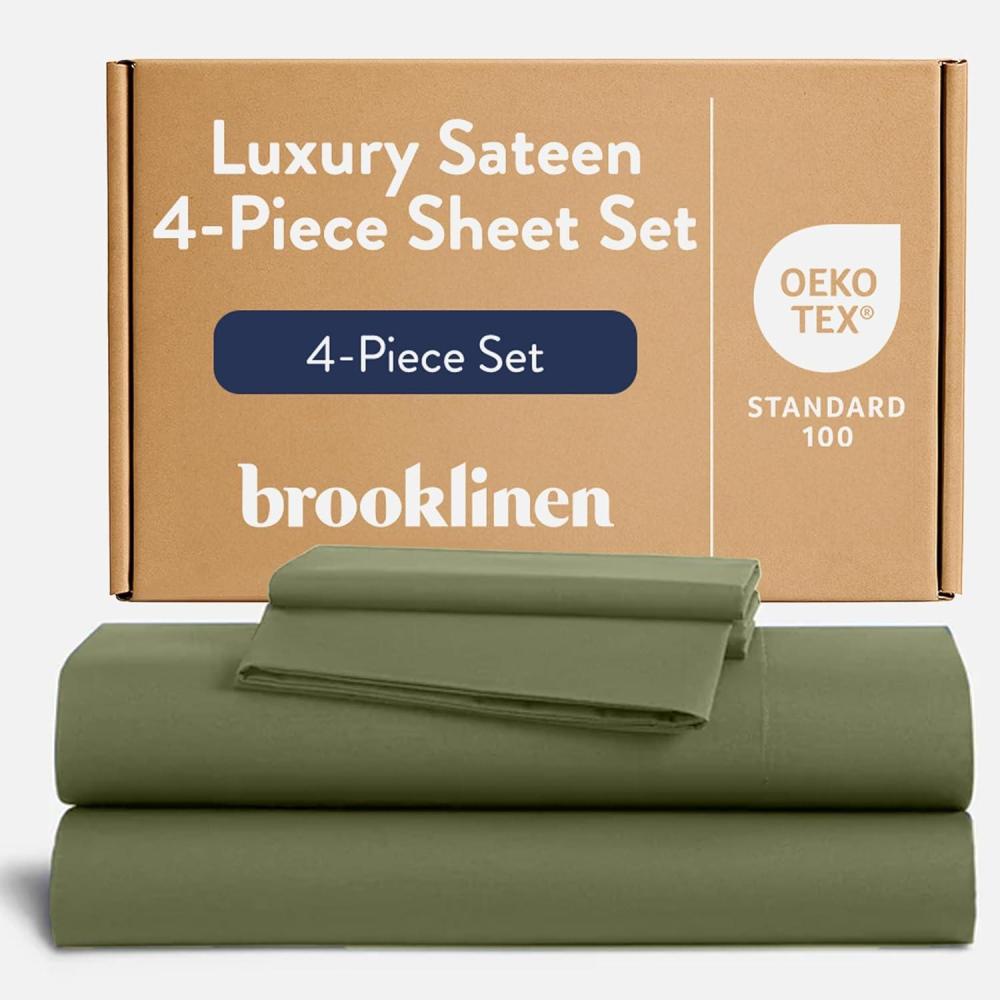 imageBrooklinen Luxury Sateen 4 Piece Sheet Set 100 Cotton Bed Sheets Soft ampamp Durable Queen Size Sheets Set in Cream OekoTEX Certified Bedding Set 1 Fitted Sheet 1 Flat Sheet 2 PillowcasesFresh Moss