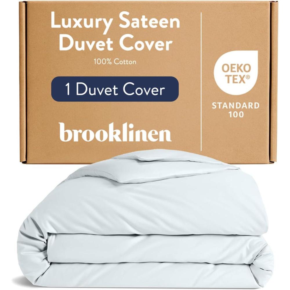 imageBrooklinen Luxury Sateen Duvet Cover  100 Cotton KingCalifornia King Size in White with ExtraLong Corner Ties and Button Closure  Best KingCali King Duvet CoversSky