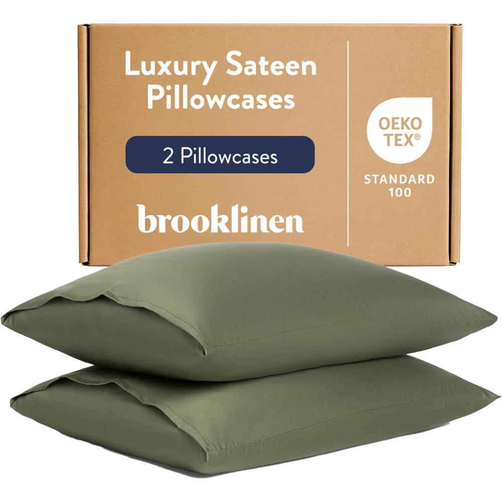 imageBrooklinen Luxury Sateen Pillowcases Set of 2 100 Long Staple Cotton with Envelope Closure Smooth Fabric Soft ampamp Durable Machine Washable Standard Size CreamFresh Moss