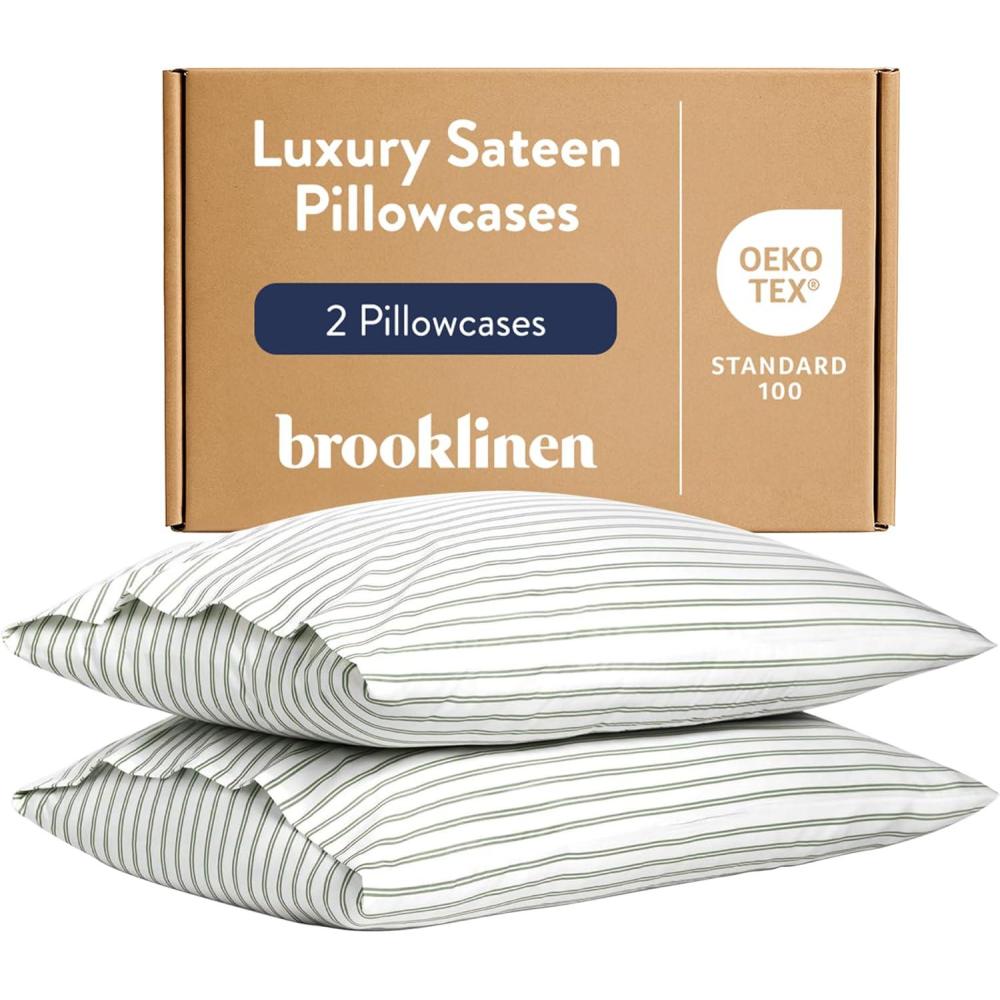 imageBrooklinen Luxury Sateen Pillowcases Set of 2 100 Long Staple Cotton with Envelope Closure Smooth Fabric Soft ampamp Durable Machine Washable Standard Size CreamGreen Tandem Stripe