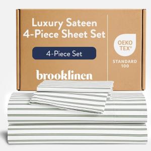 Brooklinen Luxury Sateen 4 Piece Sheet Set – 100% Cotton Bed Sheets, Soft & Durable Queen Size Sheets Set in Cream, Oeko-TEX Certified Bedding Set, 1 Fitted Sheet, 1 Flat Sheet, 2 Pillowcases(Tandem Stripe Fresh Moss)
