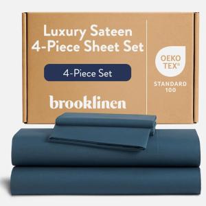 Brooklinen Luxury Sateen 4 Piece Sheet Set – 100% Cotton Bed Sheets, Soft & Durable Queen Size Sheets Set in Cream, Oeko-TEX Certified Bedding Set, 1 Fitted Sheet, 1 Flat Sheet, 2 Pillowcases(Abyss)
