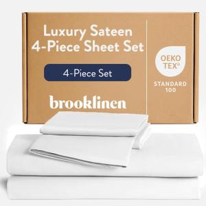 Brooklinen Luxury Sateen 4 Piece Sheet Set – 100% Cotton Bed Sheets, Soft & Durable Queen Size Sheets Set in Cream, Oeko-TEX Certified Bedding Set, 1 Fitted Sheet, 1 Flat Sheet, 2 Pillowcases(White)