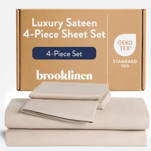 Brooklinen Luxury Sateen 4 Piece Sheet Set – 100% Cotton Bed Sheets, Soft & Durable Queen Size Sheets Set in Cream, Oeko-TEX Certified Bedding Set, 1 Fitted Sheet, 1 Flat Sheet, 2 Pillowcases(Pebble)