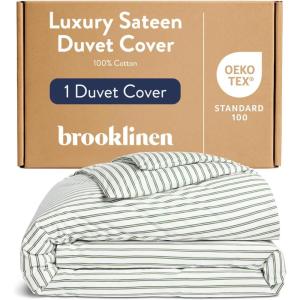 Brooklinen Luxury Sateen Duvet Cover – 100% Cotton, King/California King Size in White with Extra-Long Corner Ties and Button Closure – Best King/Cali King Duvet Covers(Green Tandem Stripe)
