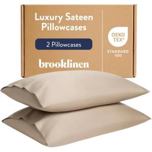 Brooklinen Luxury Sateen Pillowcases – Set of 2, 100% Long Staple Cotton with Envelope Closure, Smooth Fabric, Soft & Durable, Machine Washable – Standard Size (Cream)(Pebble)