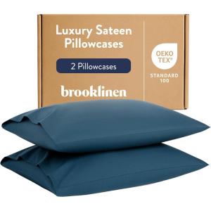 Brooklinen Luxury Sateen Pillowcases – Set of 2, 100% Long Staple Cotton with Envelope Closure, Smooth Fabric, Soft & Durable, Machine Washable – Standard Size (Cream)(Abyss)