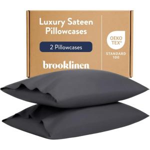 Brooklinen Luxury Sateen Pillowcases – Set of 2, 100% Long Staple Cotton with Envelope Closure, Smooth Fabric, Soft & Durable, Machine Washable – Standard Size (Cream)(Slate)
