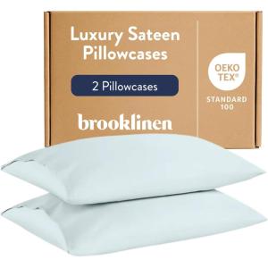 Brooklinen Luxury Sateen Pillowcases – Set of 2, 100% Long Staple Cotton with Envelope Closure, Smooth Fabric, Soft & Durable, Machine Washable – Standard Size (Cream)(Sky)