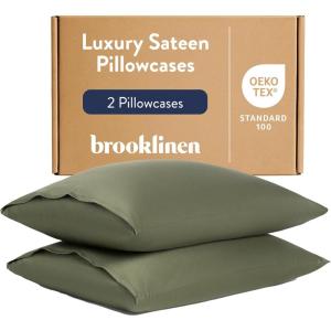 Brooklinen Luxury Sateen Pillowcases – Set of 2, 100% Long Staple Cotton with Envelope Closure, Smooth Fabric, Soft & Durable, Machine Washable – Standard Size (Cream)(Fresh Moss)