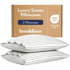 Brooklinen Luxury Sateen Pillowcases – Set of 2, 100% Long Staple Cotton with Envelope Closure, Smooth Fabric, Soft & Durable, Machine Washable – Standard Size (Cream)(Green Tandem Stripe)