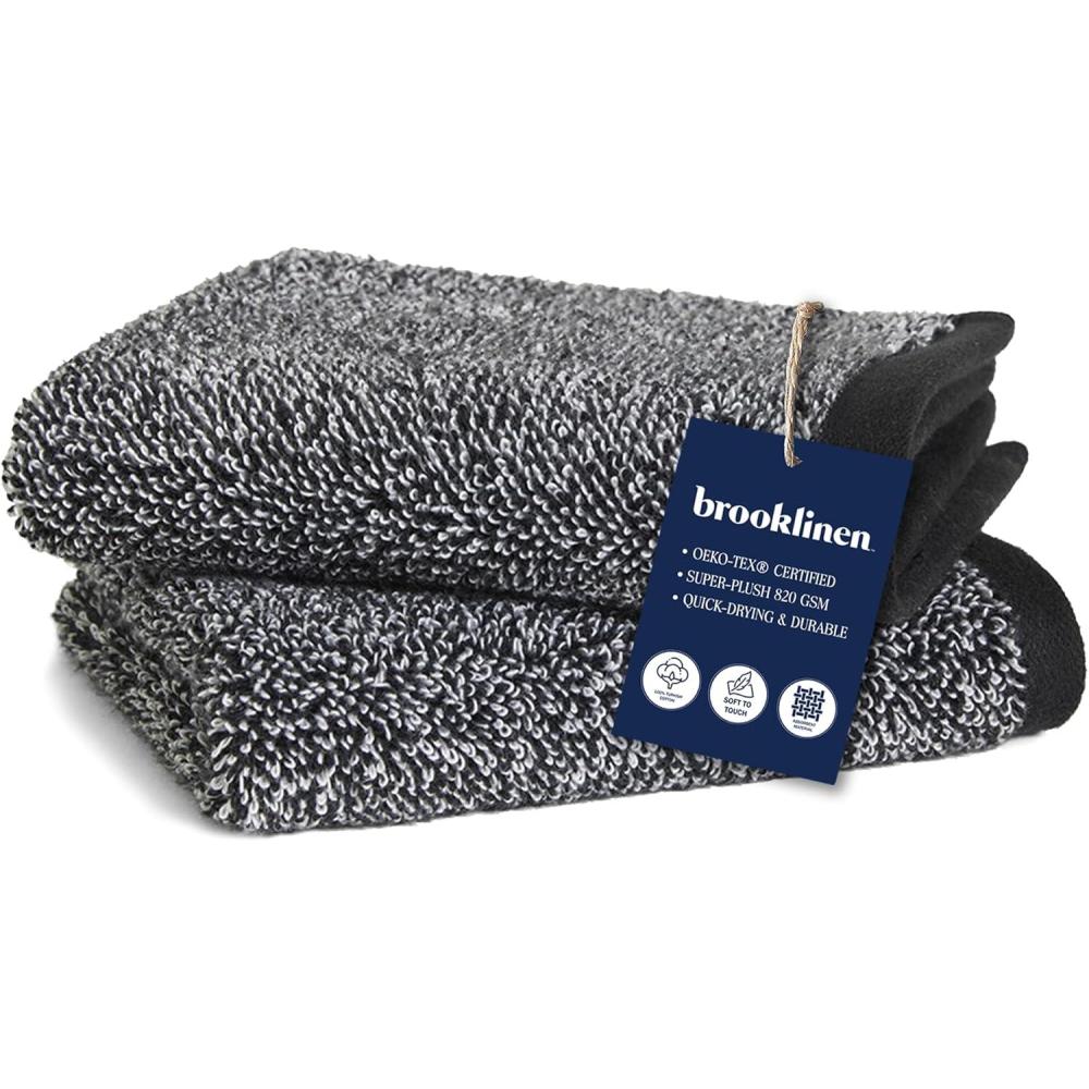 imageBrooklinen SuperPlush Bath Towel and Hand Towel Set 2 Bath Towels 2 Hand Towels Cotton Highly Absorbent WhiteMarled Black
