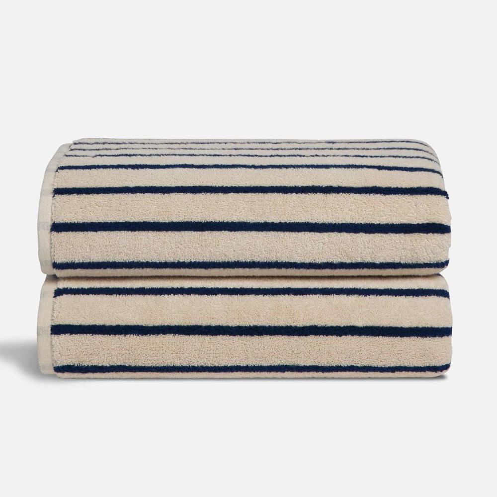 imageBrooklinen SuperPlush Bath Towel and Hand Towel Set  2 Bath Towels 2 Hand Towels  Cotton Highly Absorbent WhiteStriped Midnight Navy