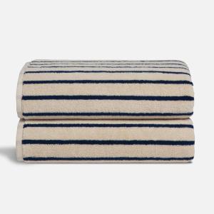 Brooklinen Super-Plush Bath Towel and Hand Towel Set – 2 Bath Towels, 2 Hand Towels – Cotton, Highly Absorbent (White)(Striped Midnight Navy)